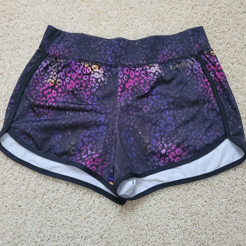 Bebe Sport Purple Multicolrlor Leopard Print Gym Shorts